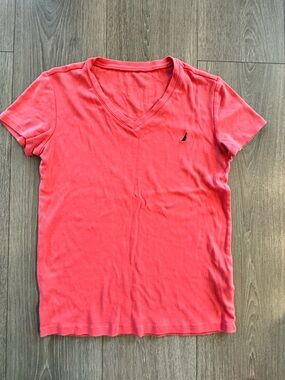 Nautica Women's Coral V-Neck Short Sleeve Tee with Nautical Logo